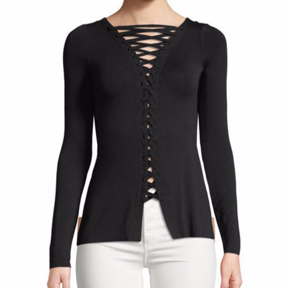 NWT $188 Bailey 44 Kabuki Black Lace-Up Fitted Top in size Small!